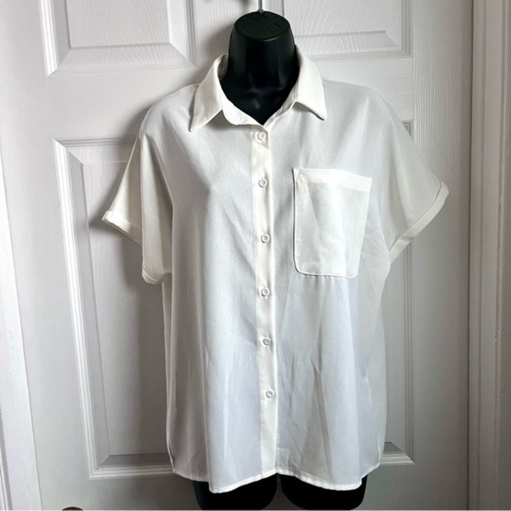 3/25$💥 White Blouse Top button down Large Women collared Short sleeve casual - Picture 1 of 4